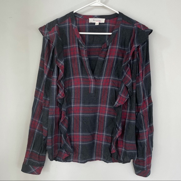 Vince Camuto S Plaid Ruffle V-neck Top - Picture 2 of 6